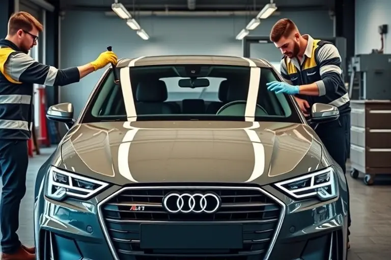 A modern workshop scene showing an Audi A1 (2018‑present, S1) with its front windshield being professionally removed and a new windshield being installed. The car is positioned centrally, with a mechanic in safety gear using appropriate tools (suction cups, gloves) to handle the glass. Emphasize the sleek design of the Audi, the clear glass, and the clean, well‑lit environment. No logos or text in the image.