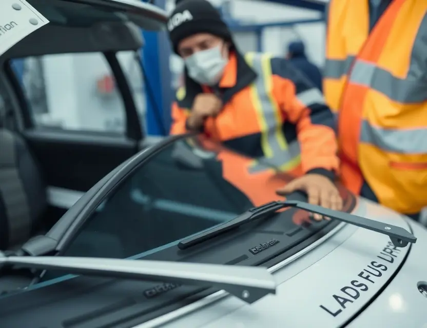 A close-up shot of a LADA car windshield being replaced by a mechanic. The mechanic is wearing a safety vest and gloves. The windshield replacement process is visible, with tools and parts around. Focus on the replacement action and the car's windshield.