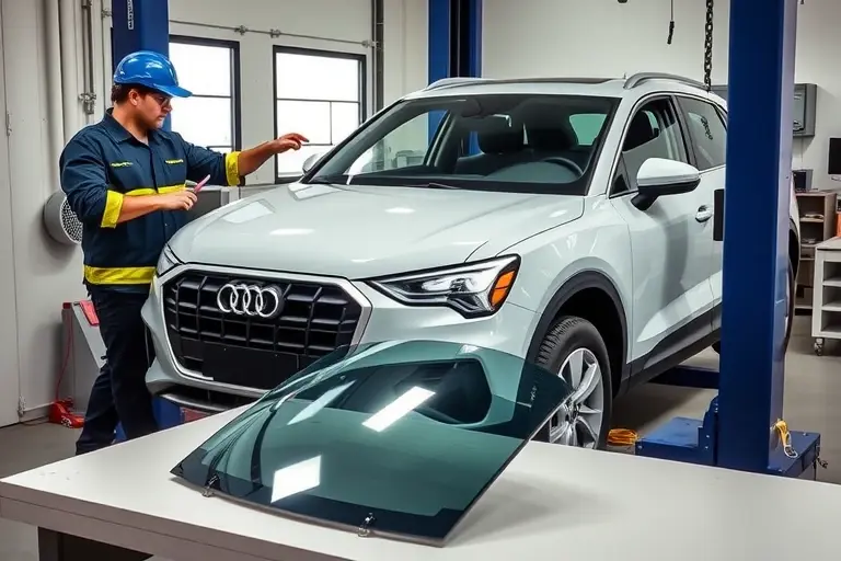 A modern automotive workshop scene showing an Audi Q2 (2016-2024) positioned on a service lift with its front windshield being removed. A professional mechanic in safety gear is using suction cups and tools to detach the glass, while a new windshield lies nearby on a clean workbench. The focus is on the car's front end, the windshield frame, and the replacement process, with a bright, well-lit environment and no visible brand logos or text.