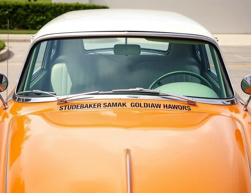 Замена лобового стекла Studebaker Golden Hawk A vintage Studebaker Golden Hawk with a newly replaced windshield, viewed from the front at a slight angle, showing the clean installation of the glass against the original 1950s car body, natural daylight, detailed exterior, no people, no text, no logos