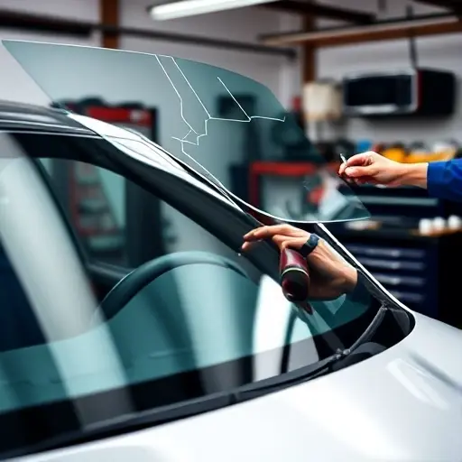 A detailed close-up of a BMW 1er F20 windshield replacement, showing the new clear glass panel being installed, the old cracked glass removed, a mechanic's hands holding tools, a workbench with automotive tools, and the car's front side visible, all in a clean, well-lit garage setting