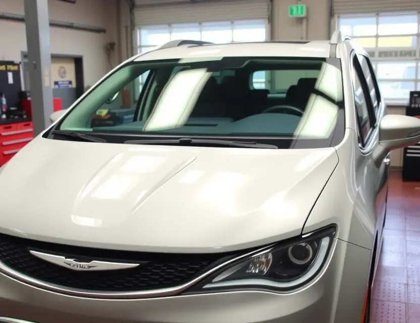 A Chrysler Pacifica minivan with a newly replaced windshield, showing a clean, seamless installation in a well-lit auto repair shop, no tools or people visible, focus on the glass and vehicle body