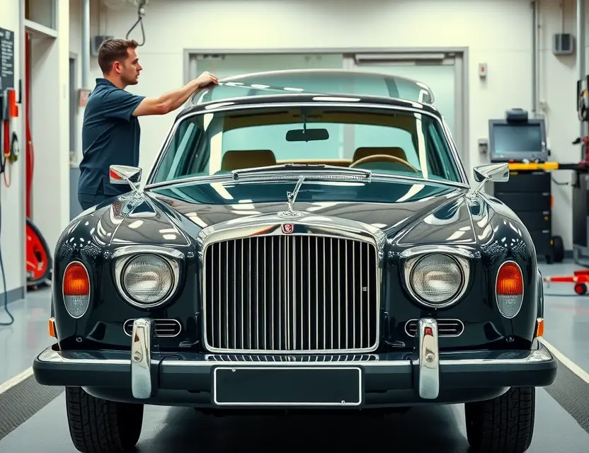 Замена лобового стекла Bentley Brooklands A high-quality, realistic image of a luxury Bentley Brooklands parked in a professional auto glass workshop, with a technician carefully installing a new windshield. The car is shown from a front three-quarter angle, highlighting the chrome grille and elegant curves. The scene is well-lit with clean, modern workshop surroundings, emphasizing precision and premium service.