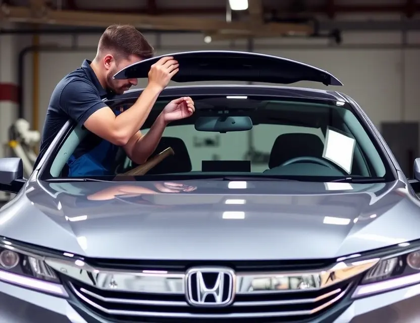 Замена лобового стекла Honda Accord A professional mechanic replacing the windshield of a Honda Accord. The car should be in a well-lit garage or service bay, with the mechanic using proper tools and safety equipment. The windshield should be partially removed, showing the process of installation.