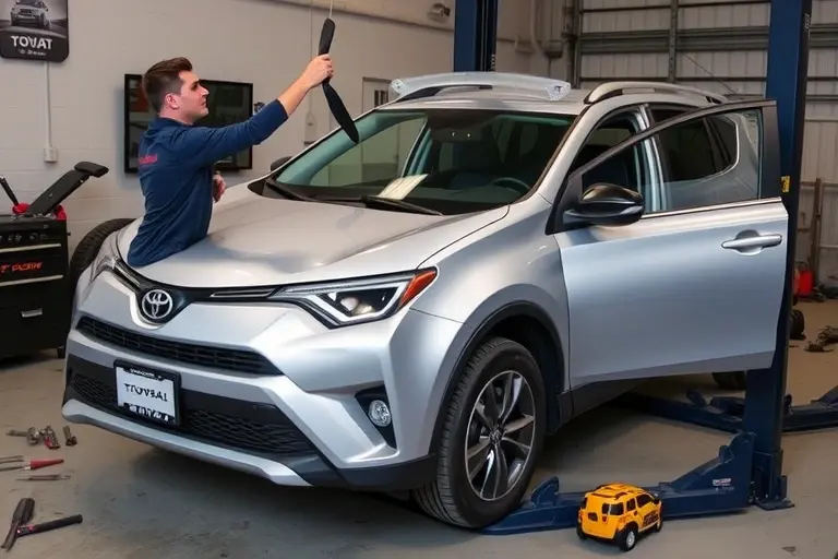 A mechanic replacing the windshield on a Toyota RAV4 2.5 Hybrid (2018 model). The scene shows the car on a lift, the mechanic holding a new windshield, tools scattered, focus on the windshield replacement process.