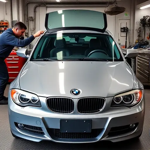 A mechanic in a workshop replacing the windshield of a BMW 1er E81 2.0 L 170 hp (2006-2011). The image shows the car's front, the old windshield removed, the new windshield being installed, with automotive tools and a clean, organized workspace. No text, letters, or digits are present in the scene.