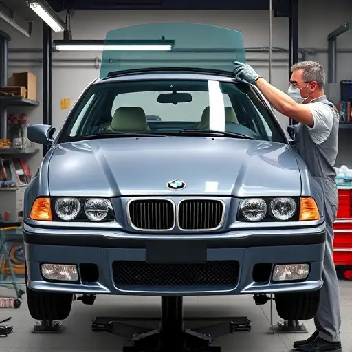 A realistic illustration of a mechanic replacing the windshield of a BMW M3 E36 3.2L 321 hp (1995-1999) in a workshop. The car is partially lifted on a hydraulic lift, the old glass is removed, and a new clear glass panel is being fitted. The mechanic wears a protective mask and gloves, holds a suction cup, and uses a specialized glass holder. The background shows a garage with tools, a workbench, and an open car hood. The focus is on the car's front, the windshield, and the mechanic's hands, with a detailed, natural lighting and realistic textures. No text or lettering is present in the image.