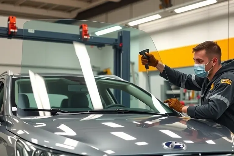 A detailed, realistic depiction of a mechanic replacing the windshield of a Changan CS55 Plus 1.5 Turbo 181 hp in a well-lit automotive repair shop. The scene shows the car partially lifted on a hydraulic lift, the old windshield removed, a new clear glass panel being fitted, and the mechanic wearing protective gloves and a face mask, using a specialized windshield suction tool. The background includes a neatly organized workbench with automotive tools, a Changan logo on the car’s hood, and a subtle reflection of the shop’s overhead lights on the glass. The focus is on the precision of the replacement process, the clarity of the new glass, and the professional environment.