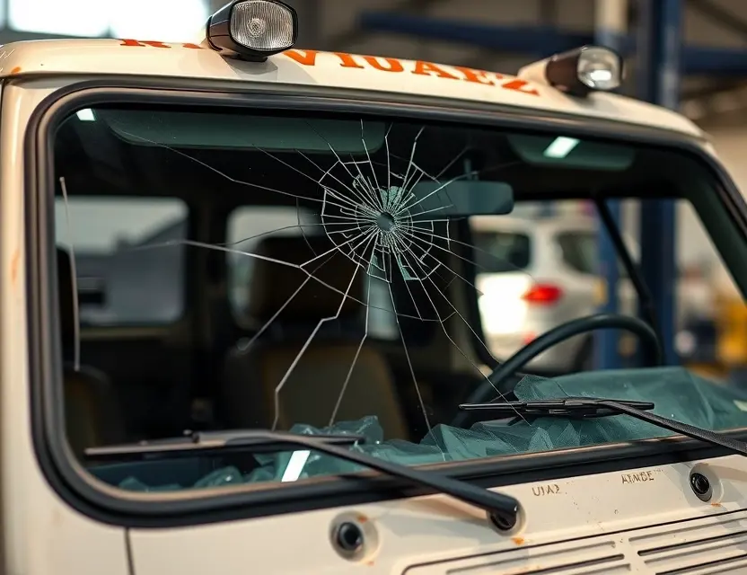 A UAZ vehicle with a cracked windshield undergoing a windshield replacement. The replacement windshield is being installed by a mechanic. Focus on the process and the UAZ vehicle.