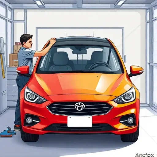 Замена лобового стекла Arcfox A detailed illustration of a car windshield being replaced on an Arcfox vehicle, showing a mechanic installing a new windshield with proper tools, the car parked in a modern garage, soft natural lighting, focus on the windshield installation process, no text or labels visible