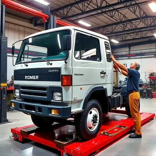 Замена лобового стекла Ashok Leyland Comet A professional automotive workshop scene showing a mechanic carefully installing a new windshield on an Ashok Leyland Comet truck. The truck is parked on a clean lift, with the old glass removed and the new glass being positioned with precision tools. The setting is a well-lit garage with automotive equipment in the background, emphasizing safety and technical expertise. The image should focus on the vehicle and the installation process without any visible text or logos.
