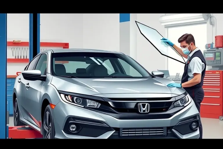 A realistic illustration of a mechanic replacing the windshield on a 2021 Honda Civic 1.5 Turbo. The scene shows the car in a service bay with a hydraulic lift, the mechanic wearing gloves and a face mask, holding a new windshield glass. The old windshield is removed and the new one is being fitted. The background includes automotive tools and a clean, well-lit environment. No text or lettering should appear.