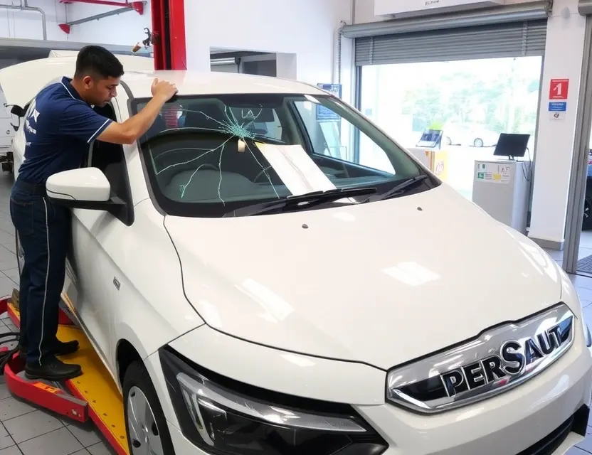 A Perodua car with a cracked windshield undergoing windshield replacement at a service station. The car is parked on a lift, and a technician is working on the windshield. The service station has a clean and modern appearance.