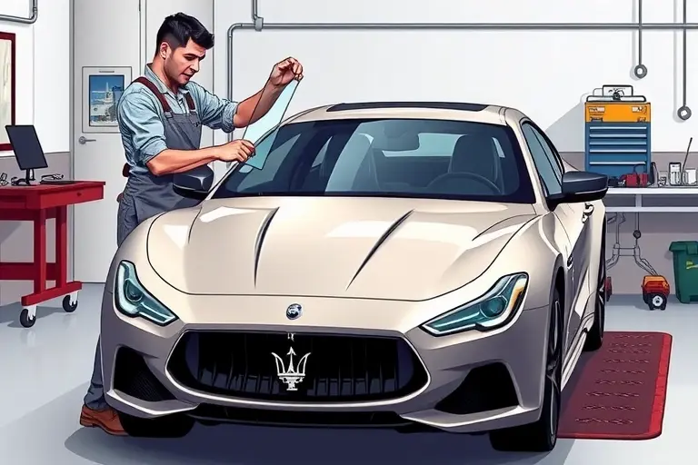 A detailed, realistic illustration of a Maserati Ghibli 2.0 Hybrid 330 hp (2020) with its windshield being replaced in a professional service bay. The scene shows a mechanic in a work apron holding a new glass panel, a set of specialized tools on a nearby workbench, and the car’s front end partially exposed. The background is a clean, well-lit garage environment with subtle equipment and a safety mat. The focus is on the precision of the replacement process, the sleek design of the Maserati, and the high-quality glass being installed.
