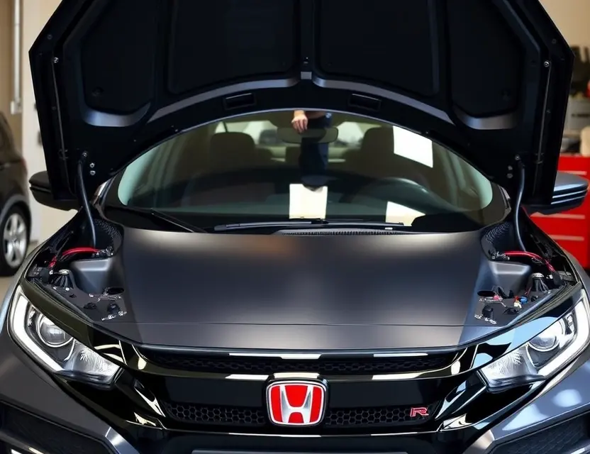 A detailed image of a Honda Civic Type R with its hood open, showing the process of replacing the windshield. The car should be in a well-lit garage or workshop setting, with a technician carefully removing the old windshield and preparing to install a new one. The car's interior and exterior should be visible, highlighting the precision and care taken in the replacement process.