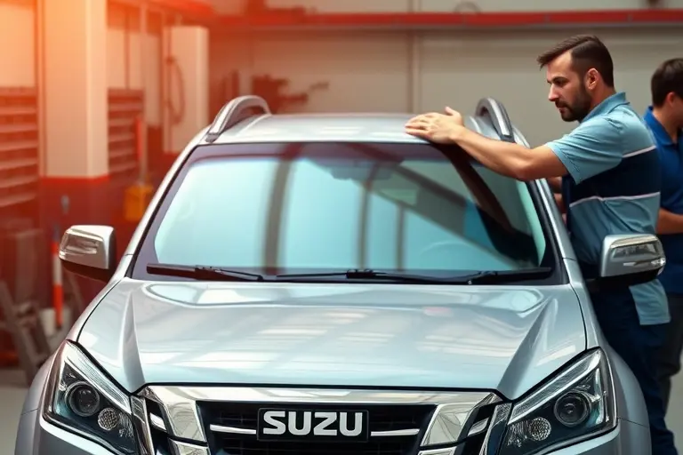 A mechanic in a garage replacing the windshield of an Isuzu MU-X 3.0 Turbo diesel 190 hp, showing the car's front, the new windshield, tools, and a clear view of the replacement process