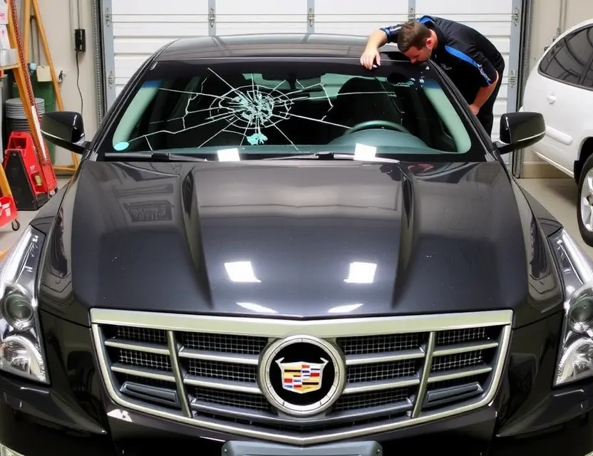 Предлагаем услугу по замене лобового стекла Cadillac CTS A Cadillac CTS with a cracked windshield being replaced by a technician. The car is parked in a garage. Focus on the replacement process.