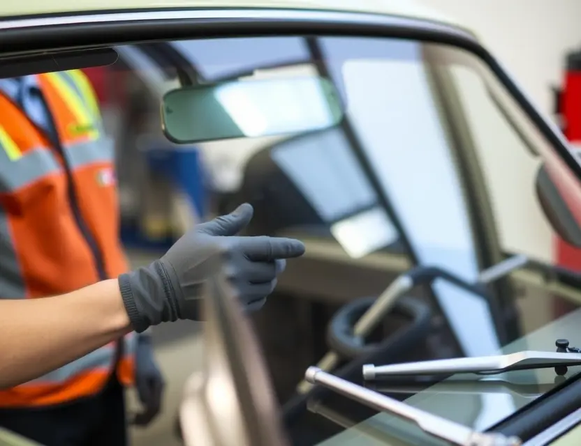 A close-up shot of a Wolseley 6/80 car windshield being replaced by a mechanic. The mechanic is wearing gloves and a safety vest. The windshield replacement process is visible, showing the old windshield being removed and the new one being installed. Focus on the hands and tools involved in the replacement.