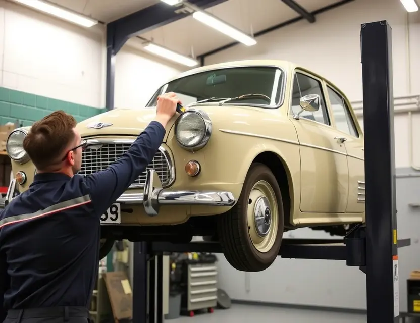 A mechanic is replacing the windshield of a light-colored Austin Westminster car in a garage. The car is raised on a lift, and the mechanic is using tools to remove the old windshield and install a new one. Focus on the car and the mechanic's hands working on the windshield. The garage should be clean and well-lit.