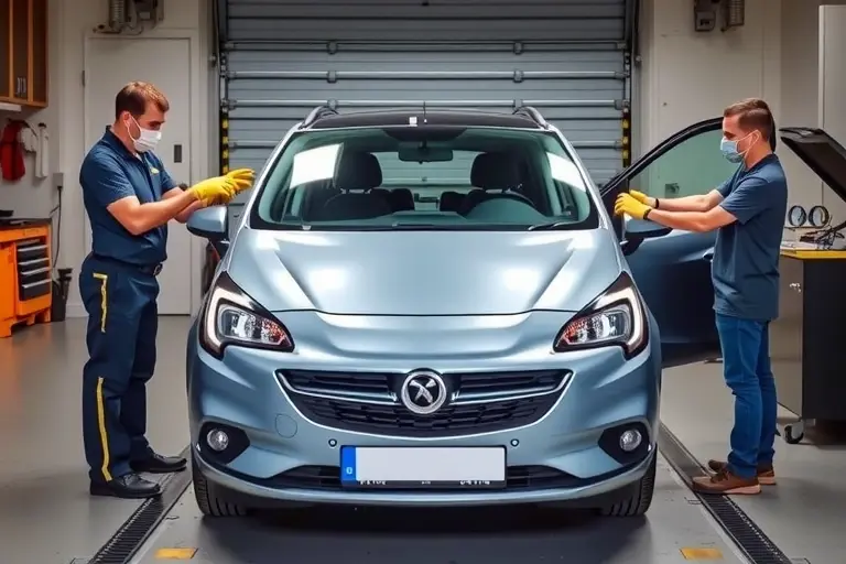 A realistic scene of a Vauxhall Corsa 1.2 Turbo (model year 2019) in a garage, with the front windshield being removed and a new windshield positioned for installation. The car is centered, showing the open front area, a mechanic in safety gloves and a mask handling the glass, and typical workshop tools and equipment around. The lighting is bright and professional, emphasizing the car and the glass replacement process.