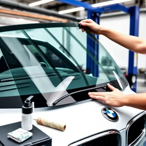 A close-up of a mechanic replacing the windshield of a 2008-2011 BMW 1er E81 3.0 L R6 265 hp. The image shows the car’s front, the old windshield partially removed, and the new windshield being fitted. Tools such as a suction cup, a cleaning solution bottle, and a protective film roll are visible on a workbench. The setting is a workshop with a car lift and bright, even lighting. The focus is on the glass, the car’s front fascia, and the mechanic’s hands, with no text or numbers in the frame.