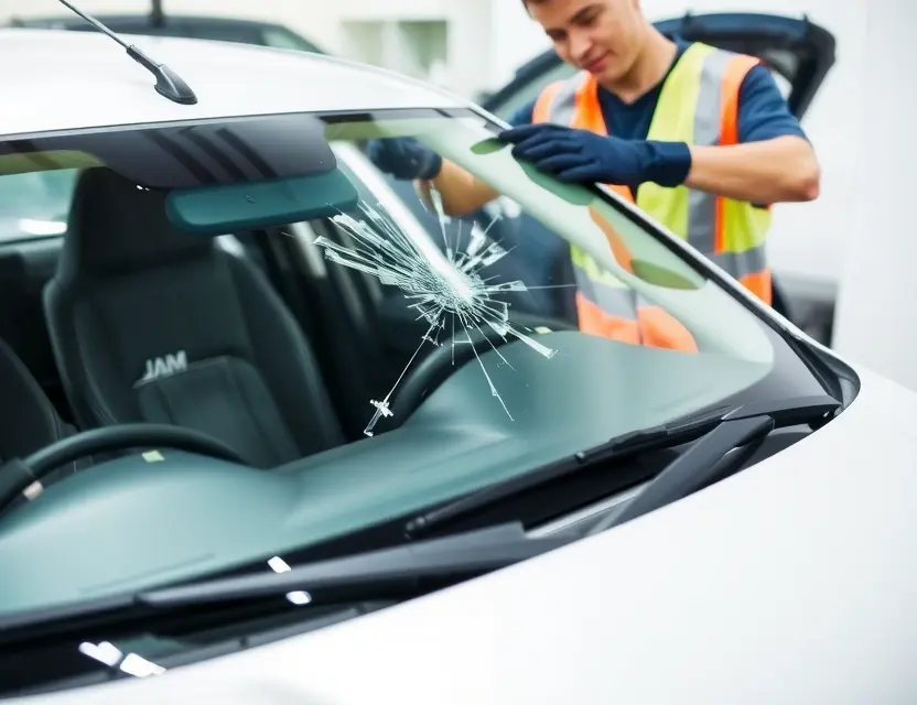 Предлагаем услугу по замене лобового стекла Dacia Logan A Dacia Logan with a cracked windshield being replaced by a mechanic. The mechanic is wearing a safety vest and gloves. The replacement windshield is being installed. Focus on the repair process.