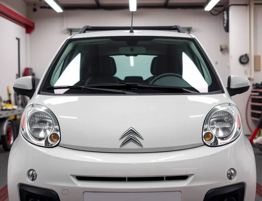 A Citroën C1 with a newly replaced windshield, showing the car from the front angle in a well-lit garage or auto repair shop, no people, no tools visible, clean and professional appearance