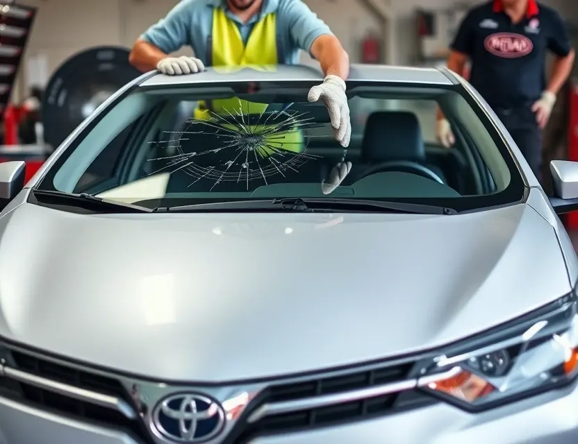 A Toyota Corolla with a cracked windshield being replaced by a mechanic. The mechanic is wearing a safety vest and gloves. The background shows a garage setting with tools and equipment. Focus on the replacement process.