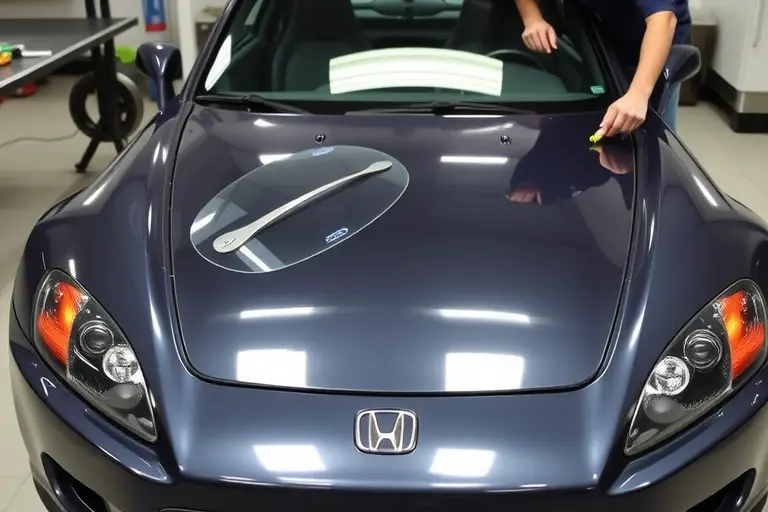 A detailed close-up of a mechanic replacing the windshield of a 1999 Honda S2000 2.0 L VTEC 240 hp. The image shows the car's front, the old cracked windshield removed, the new clear windshield being fitted, with tools such as a suction cup, a wedge, and a sealant dispenser. The setting is a clean garage with a workbench, a car lift or a sturdy stand holding the vehicle. The focus is on the precision of the replacement process, the clear glass, and the car's iconic front design.