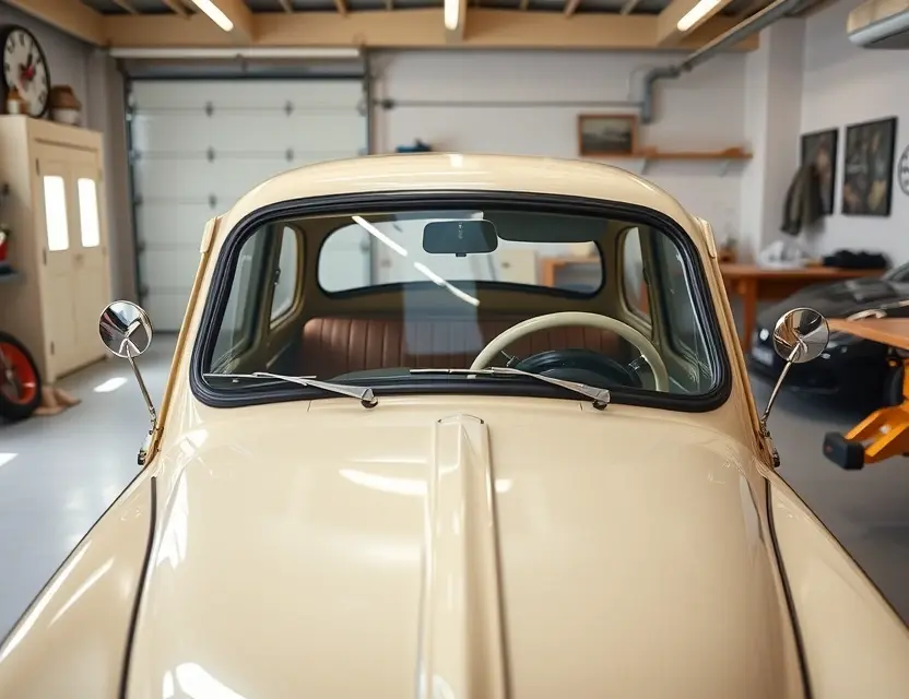 Замена лобового стекла DKW 3=6 A vintage DKW 3=6 car with a newly replaced front windshield, viewed from the front angle, clean and well-lit garage setting, no people, no text, no logos