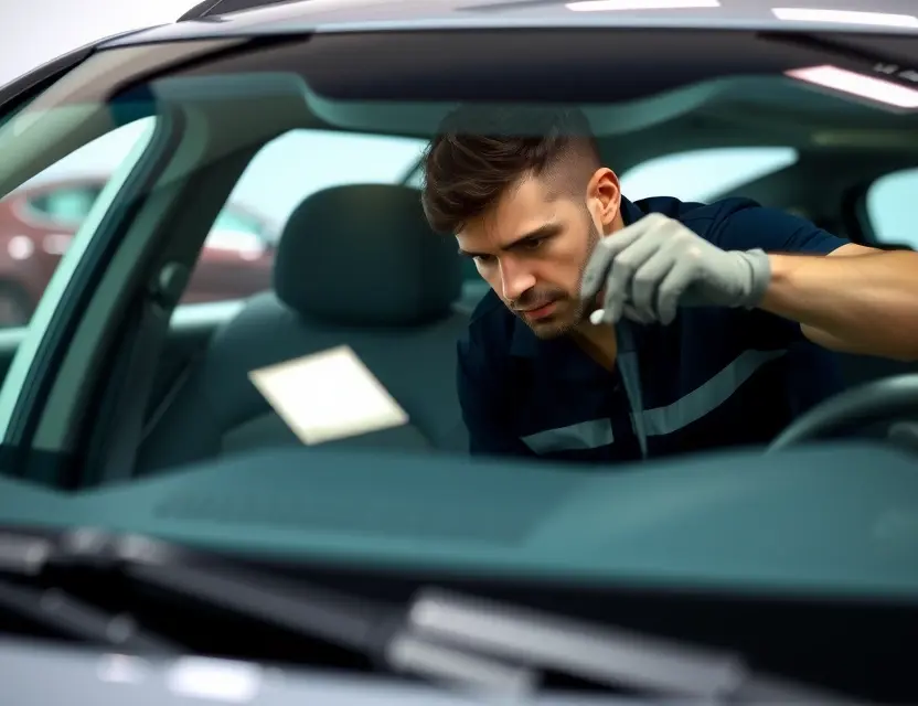 A close-up shot of a Bufori La Joya windshield replacement service. Focus on a technician working on a car windshield, highlighting the quality of the replacement glass and the professionalism of the service. The car should be a modern sedan.