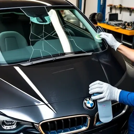 A detailed close-up of a BMW 3 Series F30 (2015-2019) windshield replacement, showing the car's front, the old cracked glass removed, a new clear glass being installed, a mechanic in work gloves using a suction cup and a cleaning solution, with a workbench and tools in the background.