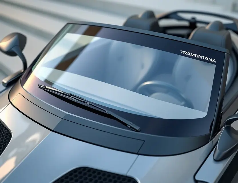 Замена лобового стекла Tramontana R Edition A high-quality image of a Tramontana R Edition car with a newly replaced windshield, showing the sleek design and clean installation of the glass, ambient daylight, no people, no text, no logos, no damage, professional automotive detail