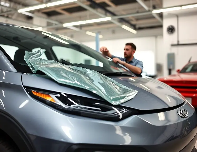 A modern car with a damaged front windshield being replaced by a professional technician in a clean, well-lit auto service center, showing the new windshield being installed with precision tools, no text or logos visible