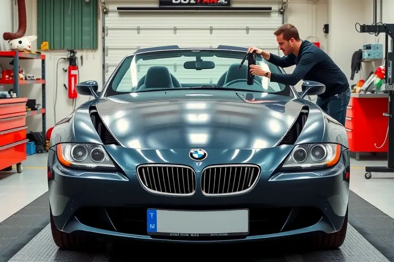A high‑detail scene of an Alpina Roadster V8 (2002 model) in a professional garage, with the front windshield being carefully removed and replaced by a skilled mechanic using specialized tools. The car is positioned centrally, showing the open frame where the glass was, with a new windshield ready to be installed. The background includes typical garage equipment, clean lighting, and a focus on the car and the replacement process, without any text or logos.