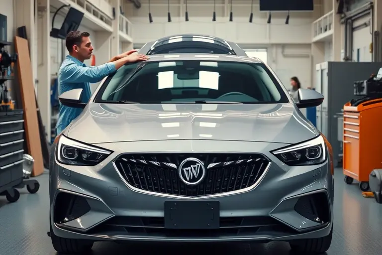 A realistic high-detail image of a 2018 Buick Regal 2.0T (250 hp) in a clean auto repair shop, front view, with its windshield being carefully removed by a professional mechanic using suction cups and protective blankets; the car's hood is up, the surrounding area shows typical garage tools and a tidy workbench.