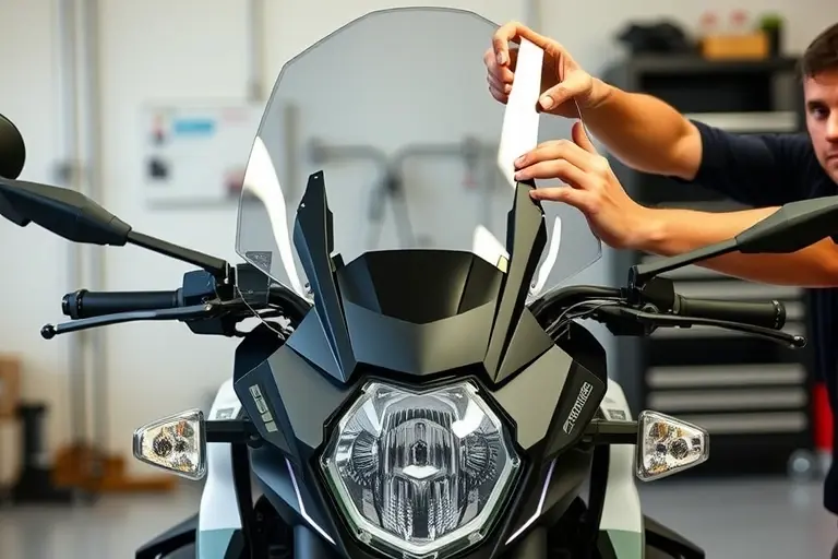 A detailed scene of a 2015 Ariel Nomad 2.4 L Honda R4 motorcycle in a workshop, with the front windshield being carefully removed and a new one being installed by a mechanic's hands and tools, focusing on the bike and the glass replacement process, realistic lighting, clean background