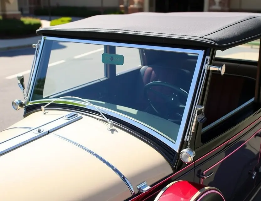 A detailed, high-quality image of a Duesenberg Model J with a replaced windshield. The car should be parked outdoors on a sunny day, showcasing the new windshield. Focus on the craftsmanship and the classic design of the car.