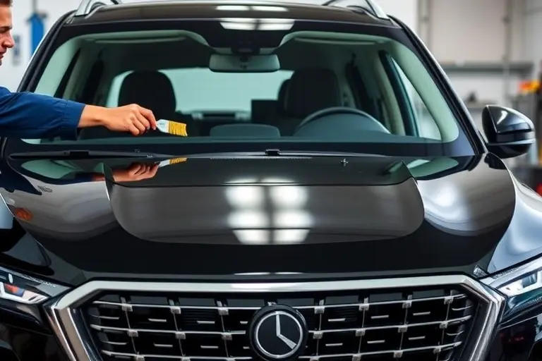 A detailed close-up of a mechanic replacing the windshield on a Jaecoo J8 2.0 Turbo SUV. The scene shows the front of the car with the old windshield removed, the frame cleaned, and a new clear glass panel being fitted. The mechanic's hands are visible, using a suction cup and a cleaning brush. The background is a clean garage with a workbench and tools. The focus is on the windshield area, the car's front grille, and the mechanic's precise work.