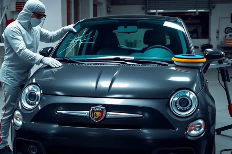 A sleek Abarth 500 (2008 model) parked in a modern garage, with a mechanic in protective gear carefully removing the cracked windshield and holding a new windshield ready for installation; focus on the car's front view, the windshield frame, and the tools like suction cups and a polishing machine, captured in high detail and realistic lighting