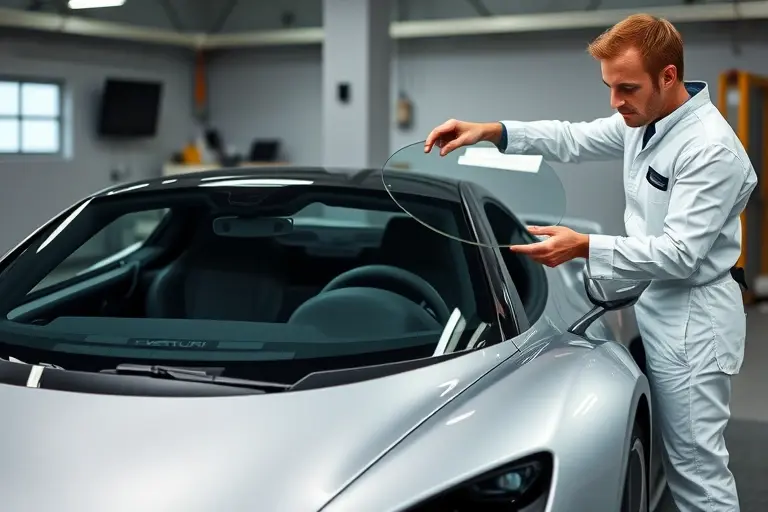A detailed scene of a Venturi Fetish electric sports car with a sleek, futuristic design, parked in a modern garage. A professional mechanic in a clean uniform is carefully removing the old windshield and holding a new high-quality windshield ready for installation. The focus is on the car's front end and the windshield replacement process, with tools and equipment subtly visible, emphasizing precision and craftsmanship.