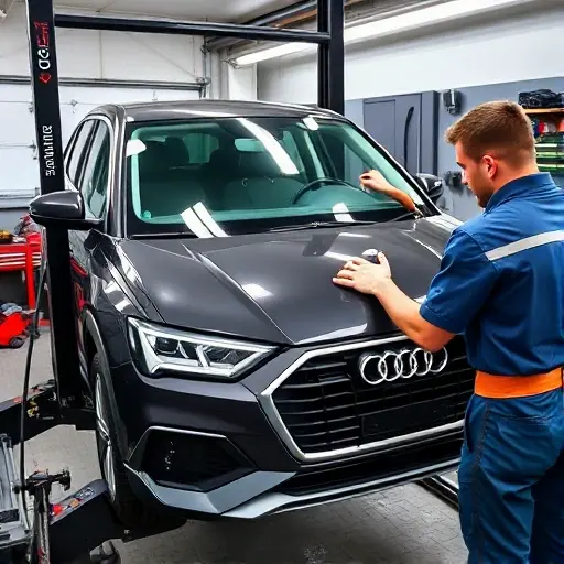 A mechanic in a garage replacing the windshield of an Audi Q2 2.0 TDI 190 hp (2017-2020). The scene shows the car on a lift, the old windshield removed, a new windshield being installed, tools such as a suction cup, a sealant gun, and a cleaning cloth. The background is a workshop with a workbench, a car jack, and a toolbox. The focus is on the car and the replacement process.