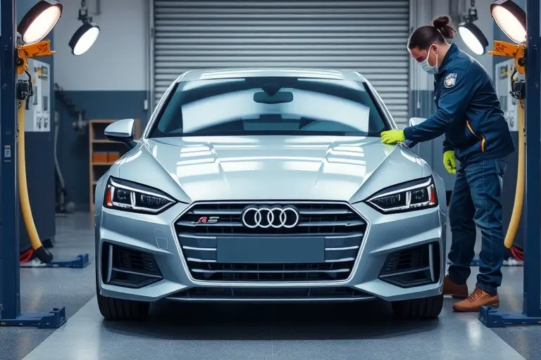 A realistic high‑quality garage scene featuring a 2016‑2020 Audi A5 with its front windshield being removed and a new windshield being installed. The car is centered, front view, with a professional mechanic using suction cups and tools, wearing safety gloves and a mask. Clean, well‑lit environment, focus on the windshield replacement process.