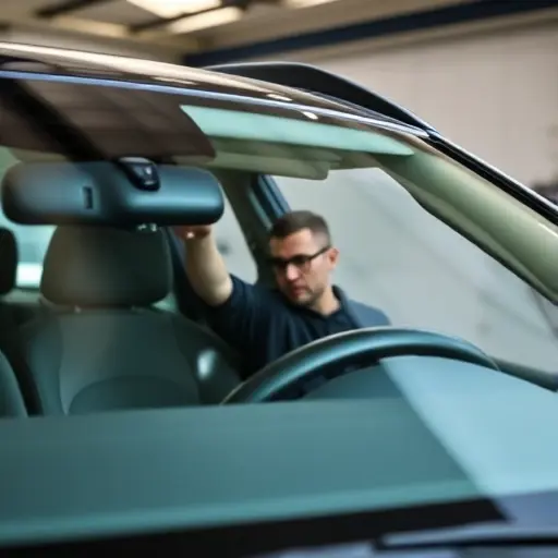 Замена лобового стекла Aaglander Duke A close-up of a car windshield being replaced on an Aaglander Duke vehicle, showing a technician carefully installing a new windshield with proper tools, the car's interior visible through the glass, natural daylight, realistic details, no text or logos
