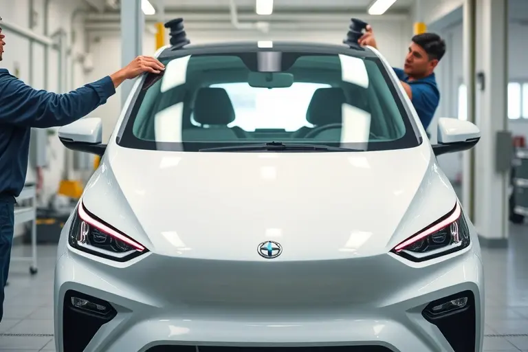 A modern Aiways U5 electric car (2020 model) in a clean automotive workshop, with a professional mechanic carefully removing the old windshield and installing a new one. The focus is on the car's front view, showing the windshield area, tools like suction cups and a glass handling frame, and a bright, well-lit environment. Emphasize realistic details, the sleek design of the vehicle, and the precision of the replacement process.