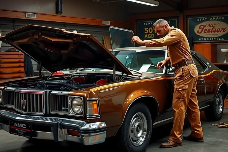 A classic 1970s AMC Matador sedan with a 5.0 L V8 engine, shown from the side with its front end open. A skilled mechanic in period-appropriate work clothes is carefully removing the old windshield and positioning a new glass pane, using a suction cup tool. The scene captures the detailed body lines, chrome trim, and the vintage garage setting with subtle lighting, emphasizing the automotive restoration process.