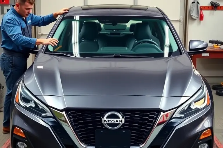 A mechanic replacing the windshield of a 2018 Nissan Altima 2.5L 188hp, showing the front of the car with the old windshield removed and a new one being installed, with tools and a clean workspace