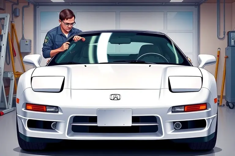 A detailed, realistic illustration of a 1997-2005 Acura NSX NA2 3.2 V6 sports car in a garage setting, with the front windshield being removed and a new windshield positioned for installation. Show a professional mechanic wearing a clean uniform and safety glasses, using appropriate tools such as suction cups and a windshield removal tool. Emphasize the car's sleek lines, the glass panels, and the garage environment with subtle lighting that highlights the work area.