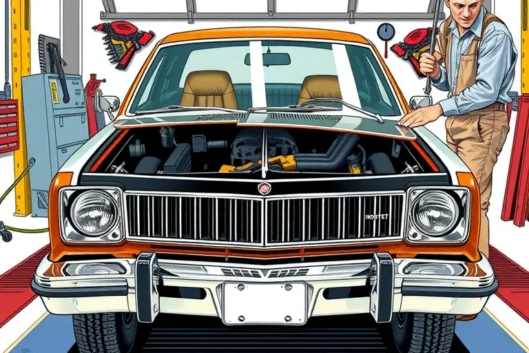 A detailed illustration of a 1975 AMC Hornet with a 5.9 L V8 engine, parked on a service bay. The front of the car shows the windshield partially removed, with a clear glass panel set aside. A mechanic in vintage work overalls is using a suction cup tool to lift the glass, surrounded by classic automotive tools and a clean workshop background. Emphasize the car's distinctive 1970s lines, the chrome trim, and the realistic texture of the glass and metal.