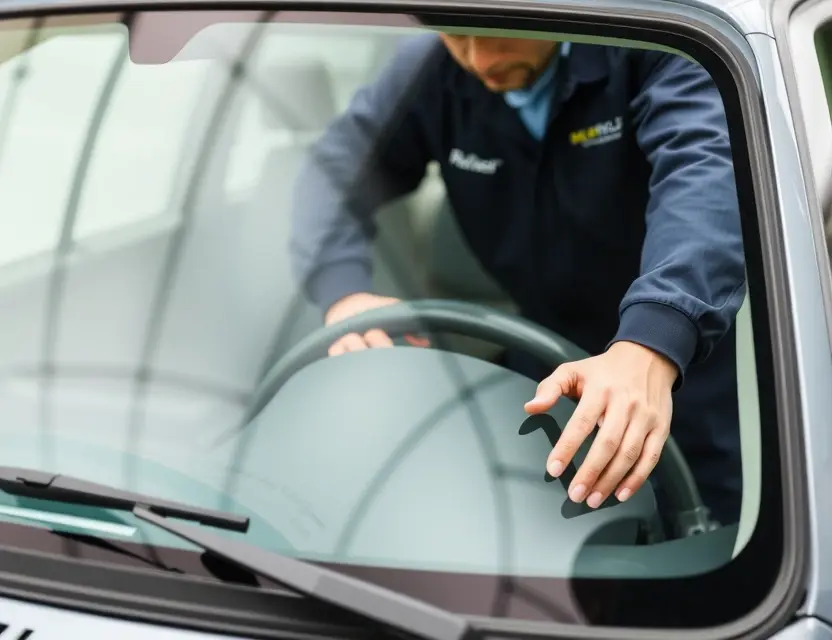 A high-quality image depicting a Riley Elf windshield replacement service. The image should showcase a technician working on a car windshield, with the replaced windshield clearly visible. The scene should be clean and professional, highlighting the quality of the replacement. Focus on the detail of the new windshield and the surrounding car parts.